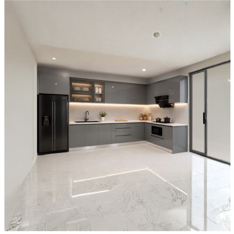 Tu bep Inox canh Acrylic mau Ghi tren duoi