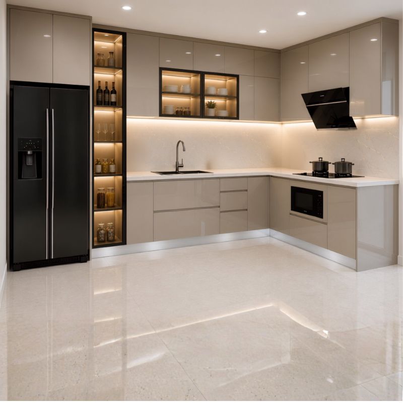 Tu bep Inox canh Acrylic mau TRang Sua