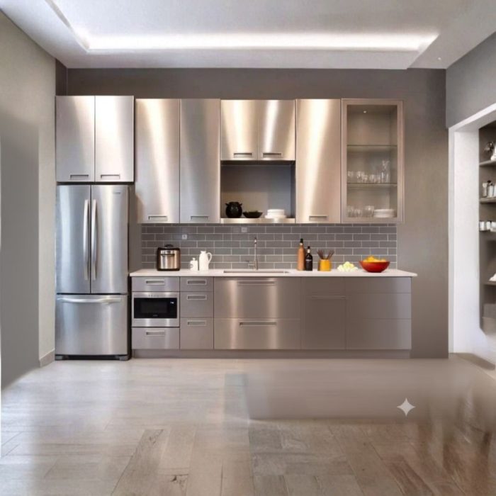 Hệ tủ bếp inox cánh inox chống ẩm, không cong vênh, phù hợp mọi không gian. Vinox nhận thiết kế, thi công theo số đo thực tế.