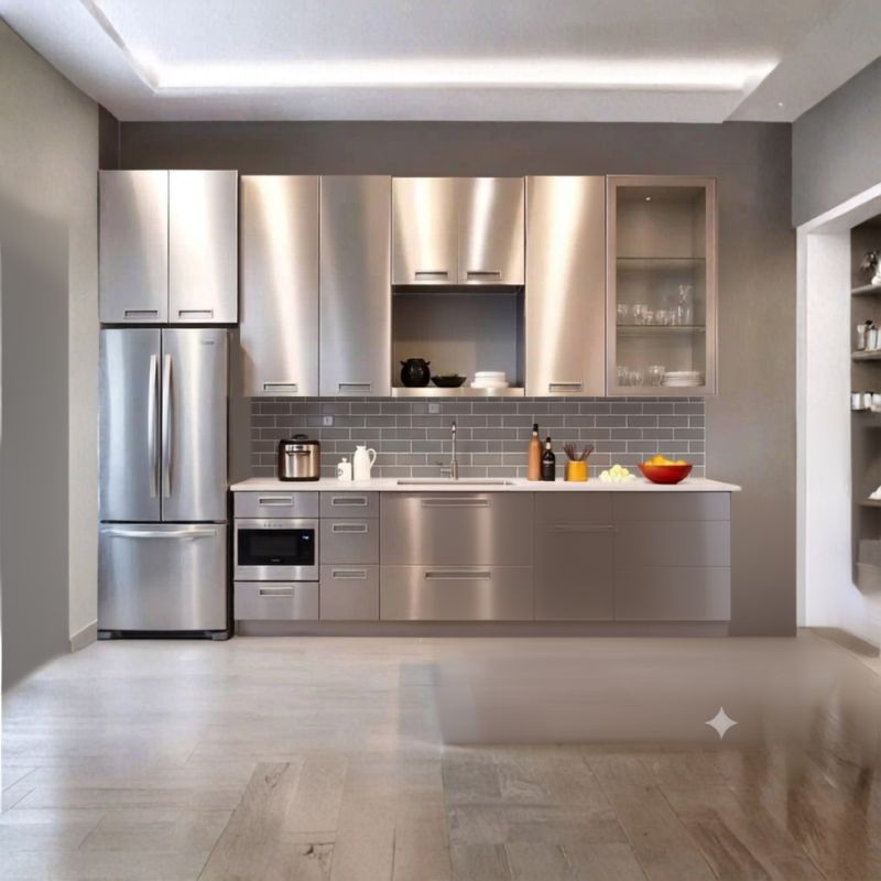 Tu bep Inox canh Inox tay nam am Hệ tủ bếp inox cánh inox chống ẩm, không cong vênh, phù hợp mọi không gian. Vinox nhận thiết kế, thi công theo số đo thực tế.