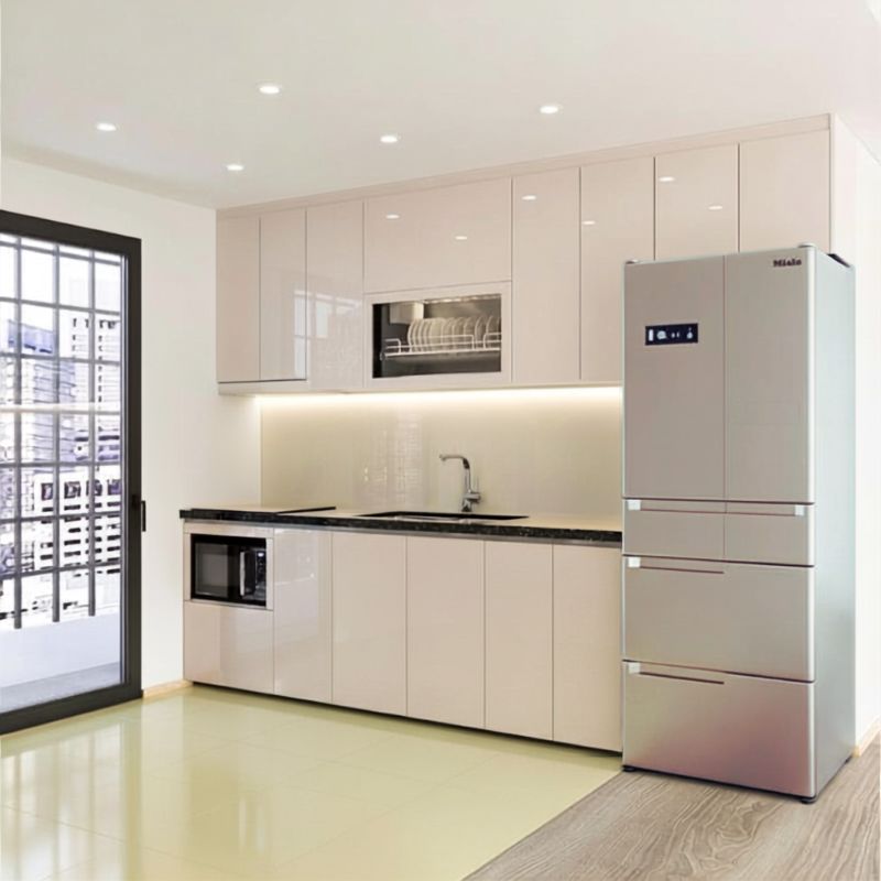 Tủ bếp Inox cánh kính son mau be